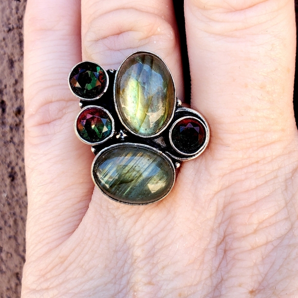 New Labradorite & Bi-Color Tourmaline Silver Ring. - Picture 13 of 16